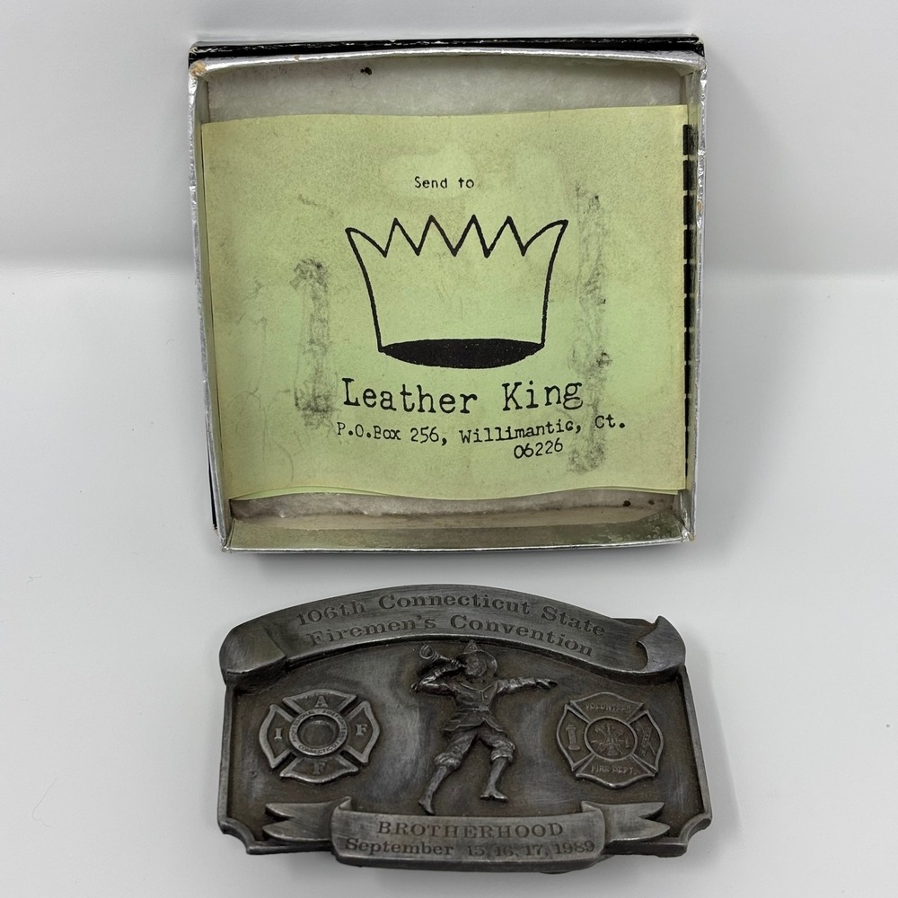 Leather King 106th Connecticut‎ State Fireman's Convention Belt Buckle 1989 #453